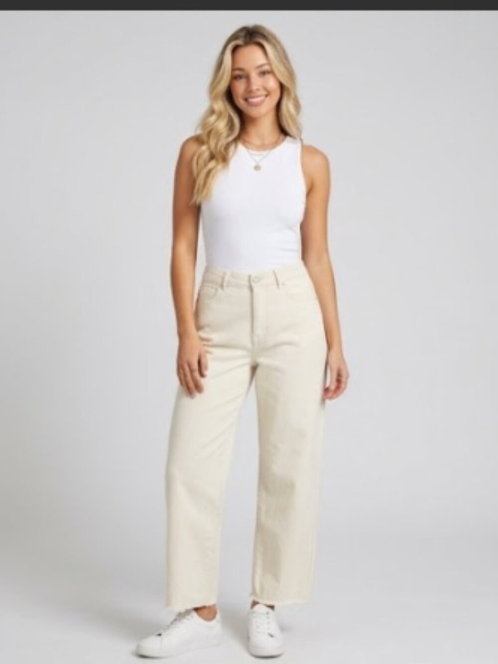 Charlie B Natural Colour Raw Hem Wide Leg Jeans – Baggy Stretch Denim